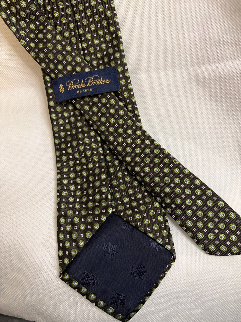 Brooks Brothers Makers Silk Tie Green Blue Geometric Foulard Classic Mens Tie